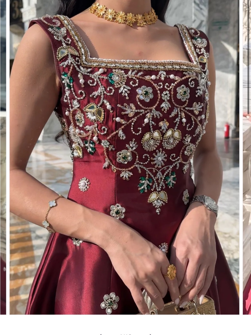 Burgundy Embellished Prom Dress with Gold & Green Accents. Henna dress